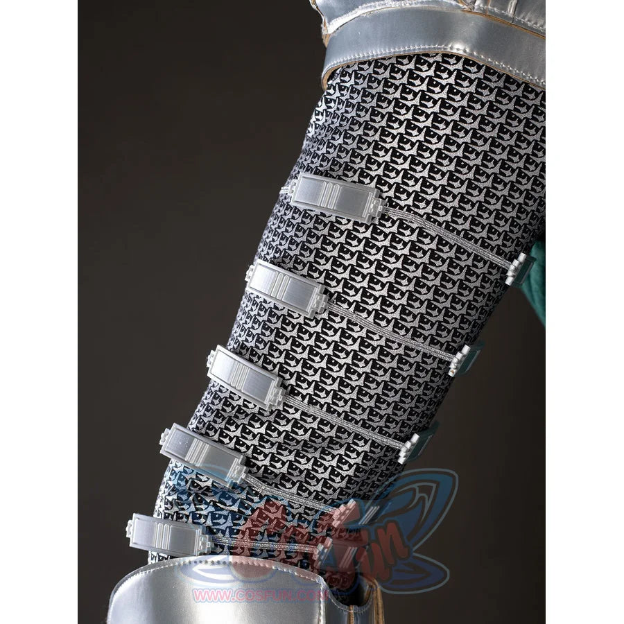 Victor Von Doom cosplay costume traces chainmail-pattern sleeve panels secured by silver-tone strap bands.