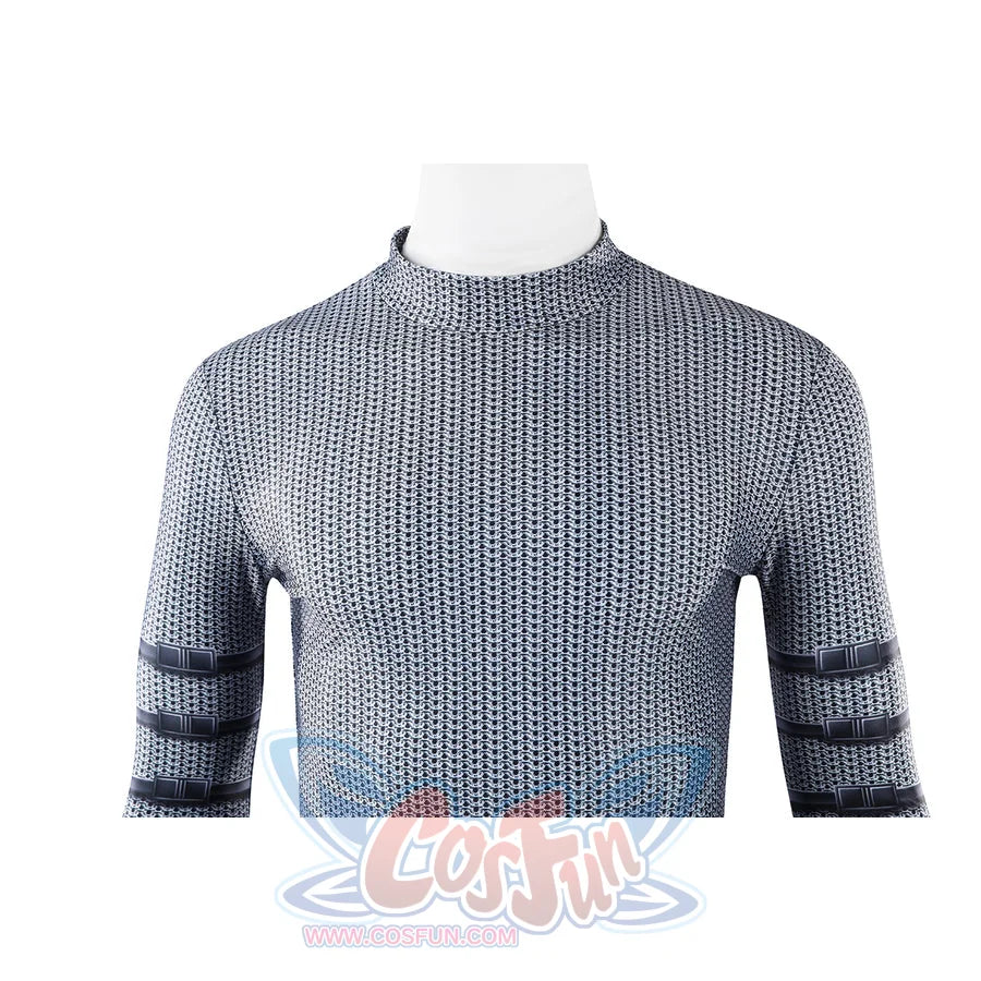 Doom Victor von Doom cosplay costume frames the gray chainmail-style top and collar.