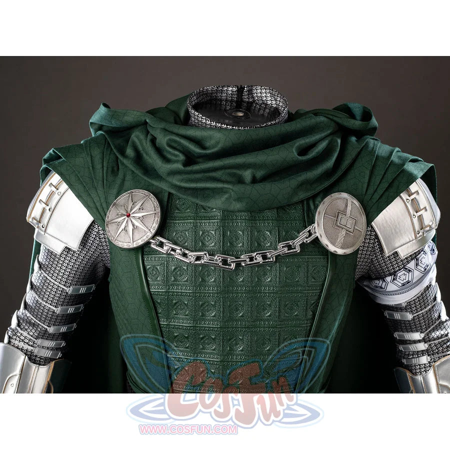 Victor Von Doom cosplay costume centers textured chest armor beneath a green scarf and silver-tone chain.