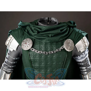 Victor Von Doom cosplay costume centers textured chest armor beneath a green scarf and silver-tone chain.