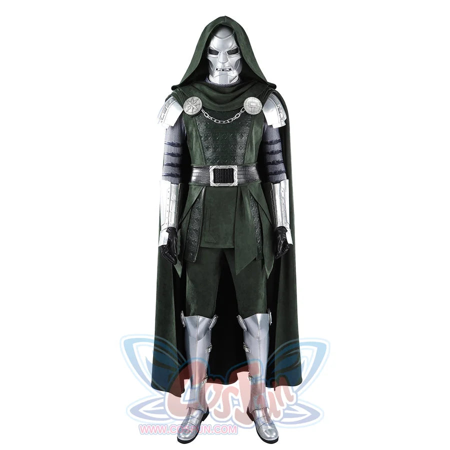 Doom Victor von Doom cosplay costume centers the green tunic and silver armor in a full view.