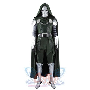 Doom Victor von Doom cosplay costume centers the green tunic and silver armor in a full view.