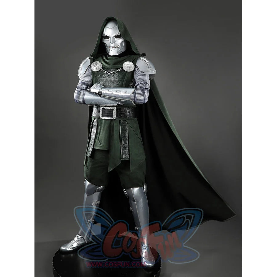 Doom Victor von Doom cosplay costume sets silver arm armor across the green tunic front.