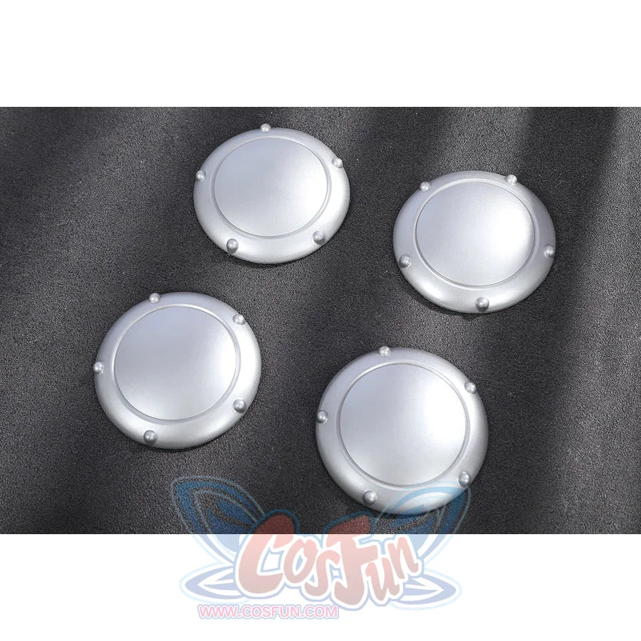 Doom Victor von Doom cosplay costume lays round silver discs as separate armor accents.