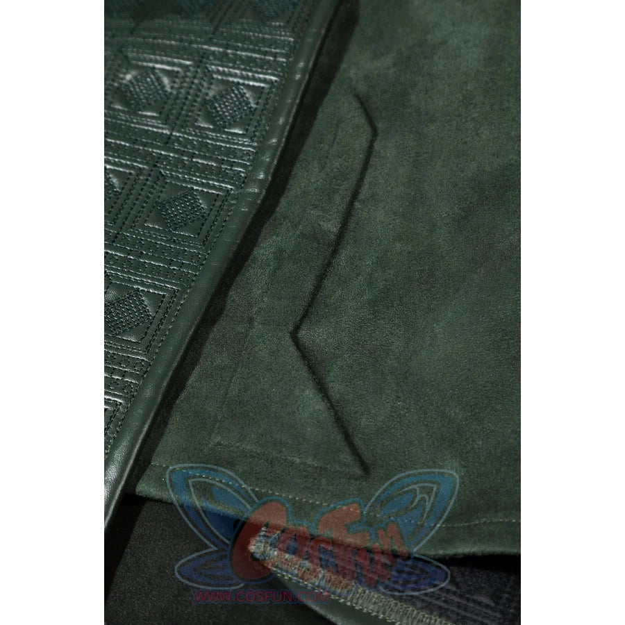 Doom Victor von Doom cosplay costume traces a dark seam across green cape fabric.