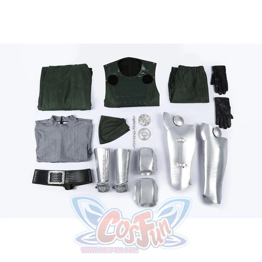 Doom Victor von Doom cosplay costume lays armor plates beside the belt while gloves frame the dark fabric pieces.