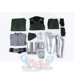 Doom Victor von Doom cosplay costume lays armor plates beside the belt while gloves frame the dark fabric pieces.