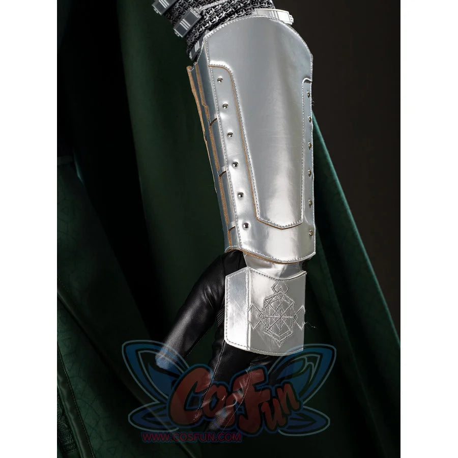 Victor Von Doom cosplay costume pairs a black glove with a silver-tone forearm guard and etched cuff.