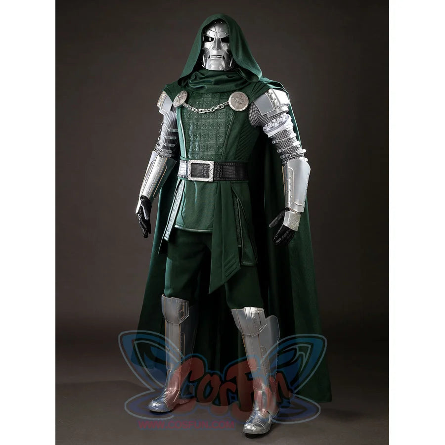 Victor Von Doom cosplay costume frames a textured green tunic under a hooded cape and silver-tone armor.