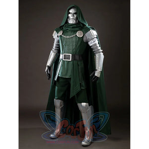 Victor Von Doom cosplay costume frames a textured green tunic under a hooded cape and silver-tone armor.
