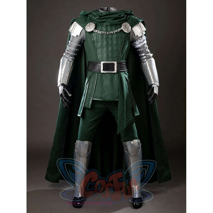 Victor Von Doom cosplay costume layers a green cape and scarf over chest armor plus matching leg guards.