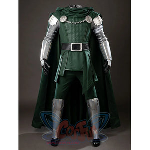 Victor Von Doom cosplay costume layers a green cape and scarf over chest armor plus matching leg guards.