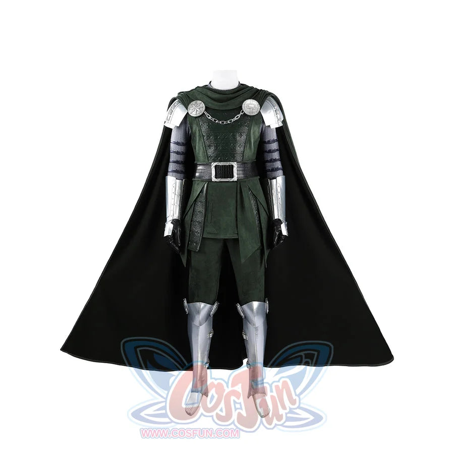 Doom Victor von Doom cosplay costume frames the green tunic between dark cape panels.