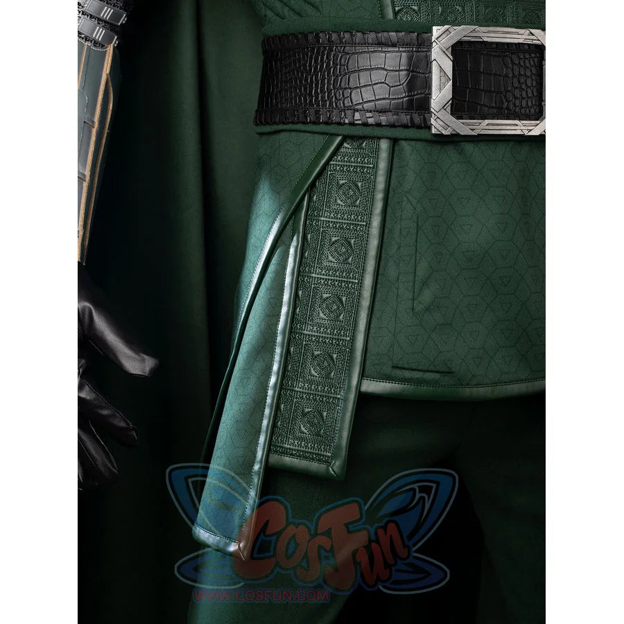 Victor Von Doom cosplay costume drops a textured green front panel from the black belt over matching pants.