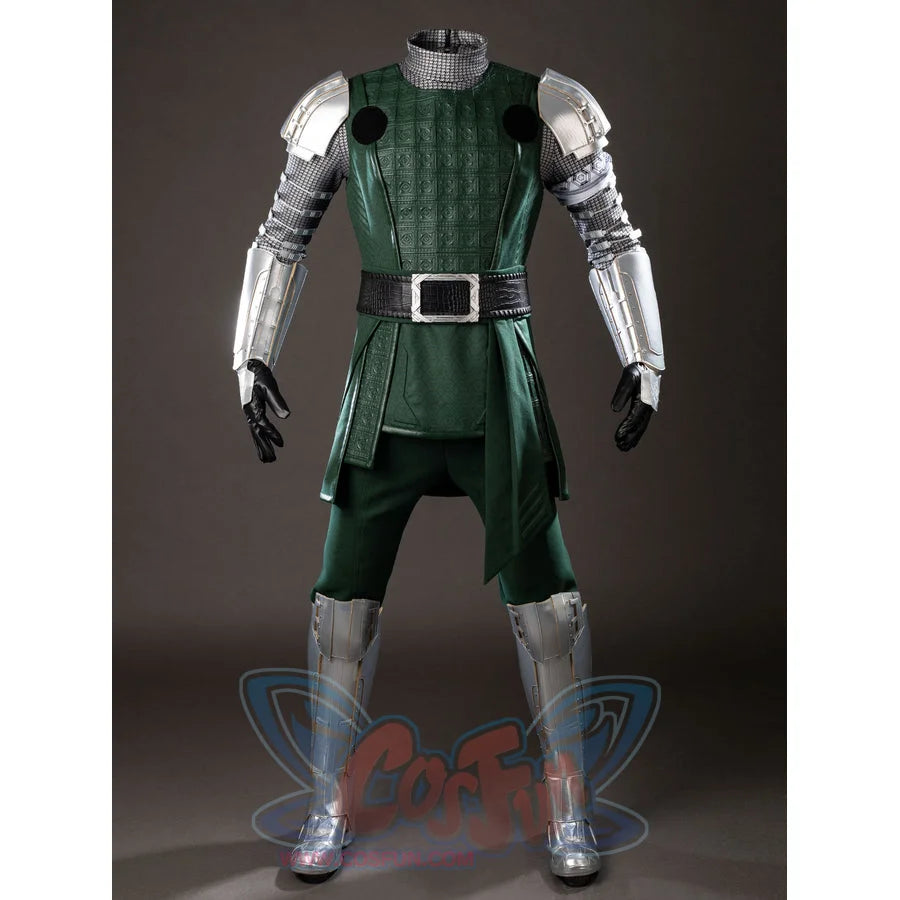 Victor Von Doom cosplay costume centers the green tunic under a black belt and silver-tone arm plus leg armor.
