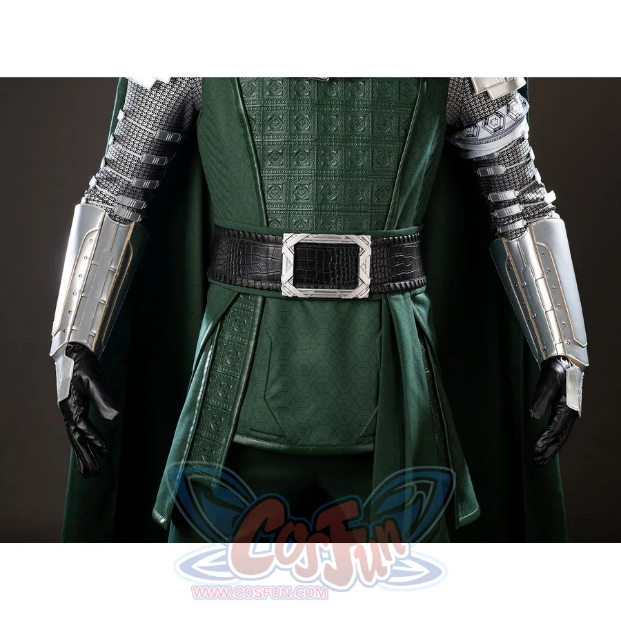 Victor Von Doom cosplay costume centers the black waist belt under textured chest armor and metallic gauntlets.