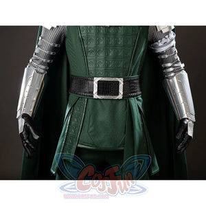 Victor Von Doom cosplay costume centers the black waist belt under textured chest armor and metallic gauntlets.