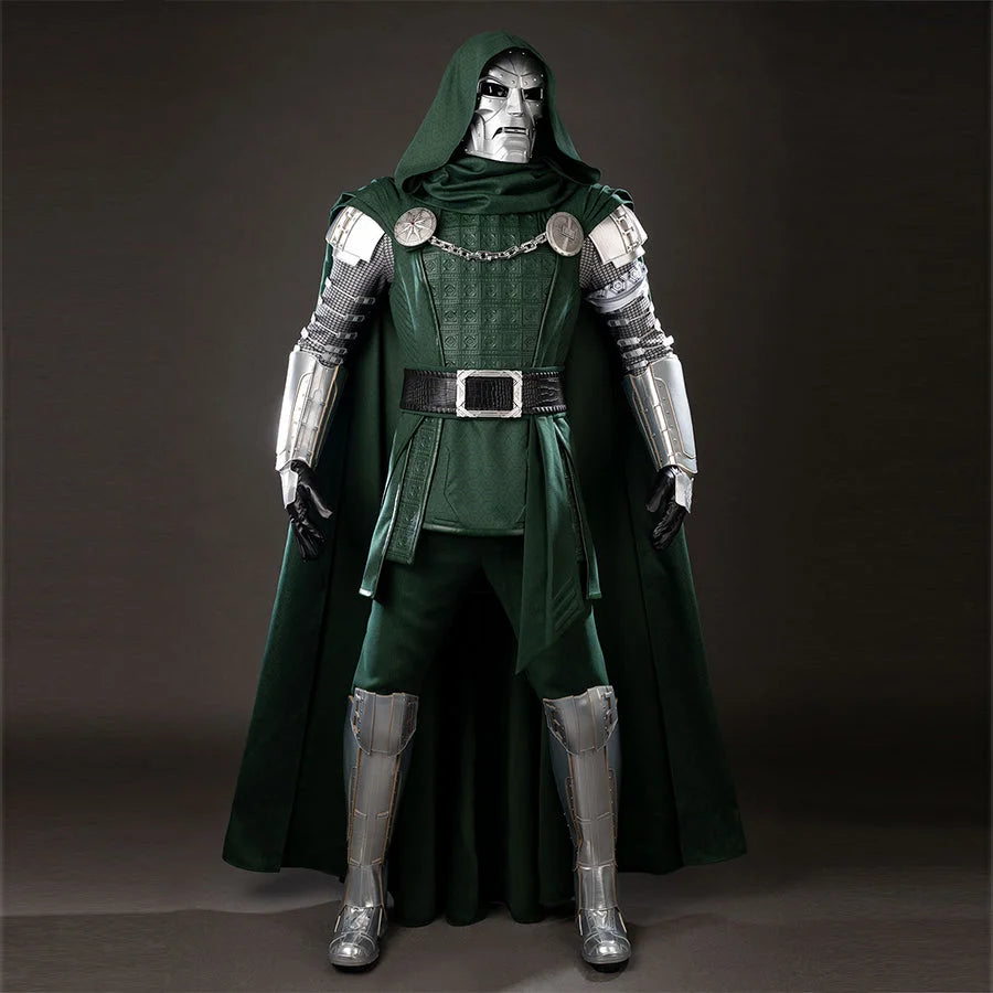 COSFUN Victor Von Doom cosplay costume layers a green hooded cape over textured armor plus gauntlets and leg guards.