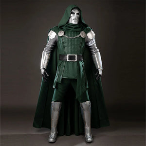 COSFUN Victor Von Doom cosplay costume layers a green hooded cape over textured armor plus gauntlets and leg guards.