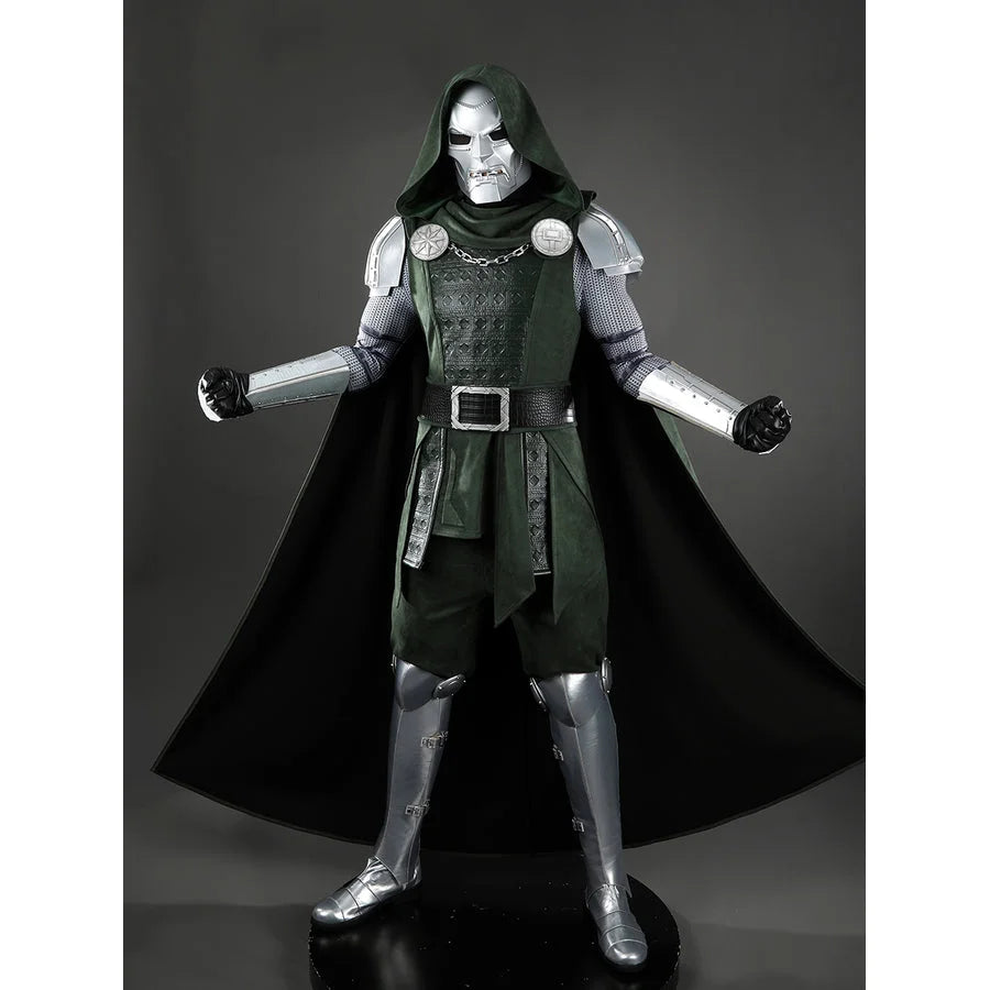 COSFUN Doom Victor von Doom cosplay costume centers green armor layers below a dark hooded cape.