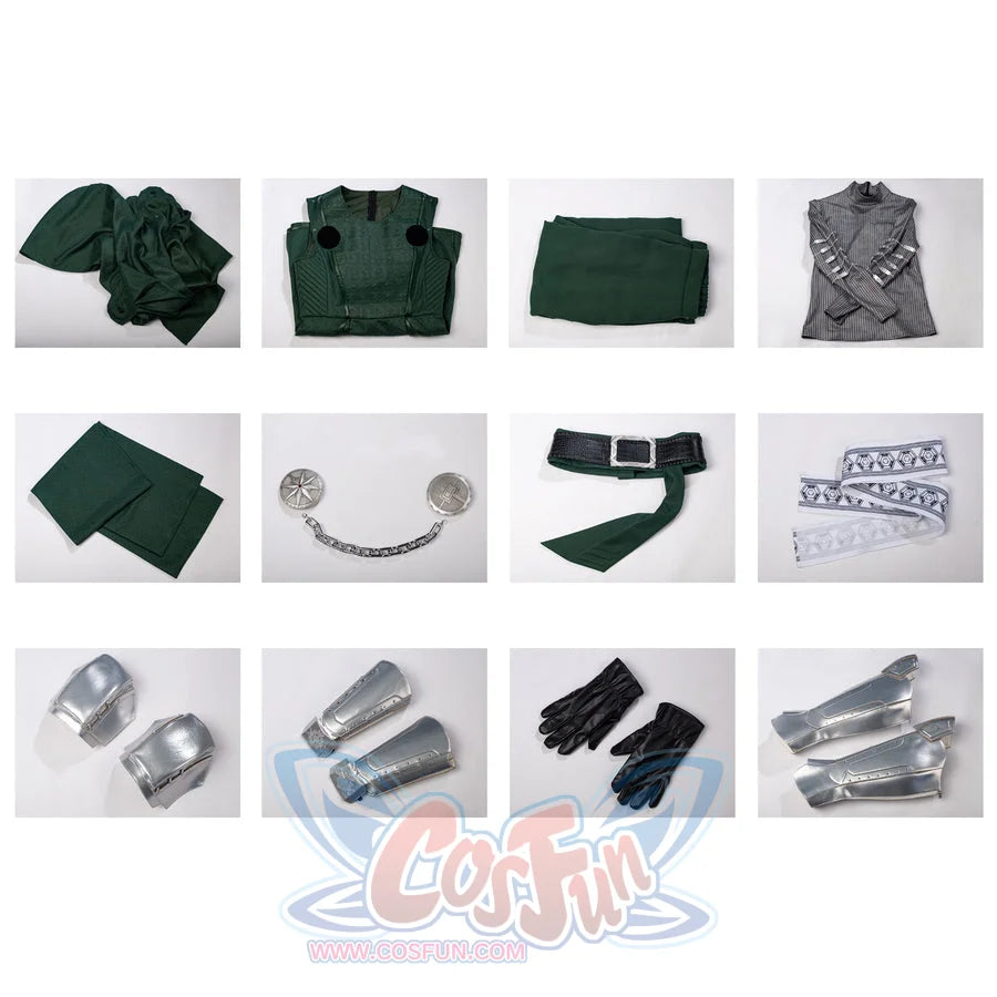 Victor Von Doom cosplay costume flat lay organizes the hooded cape and tunic beside pants plus armor pieces.