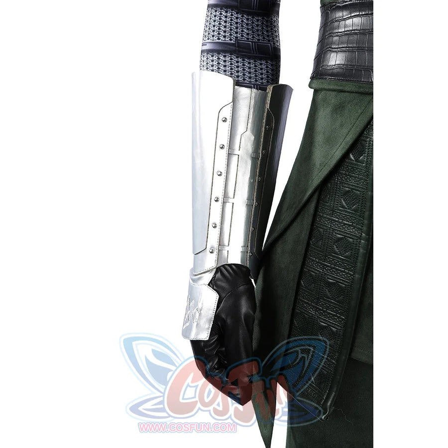 Doom Victor von Doom cosplay costume sets silver forearm armor beside a black glove.
