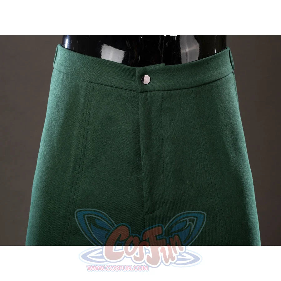 Victor Von Doom cosplay costume pants front uses smooth green fabric with a clean center closure.