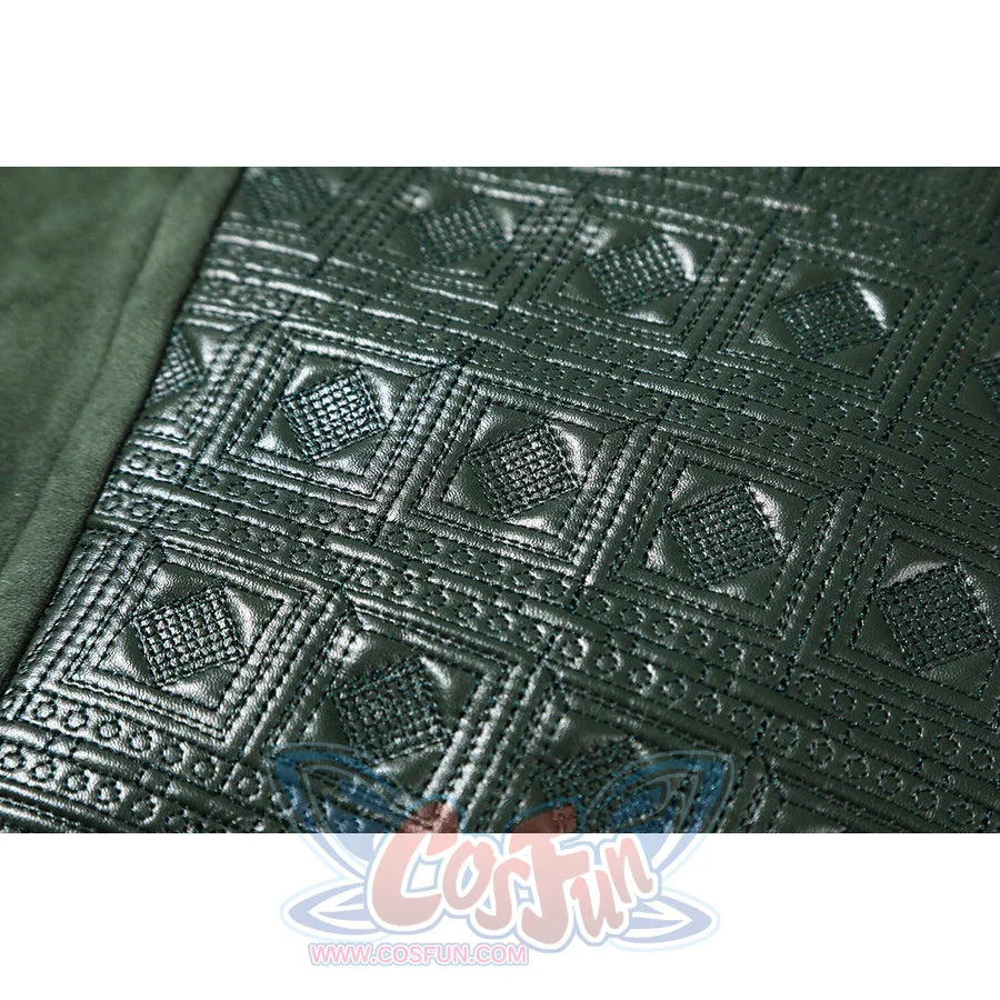 Doom Victor von Doom cosplay costume traces raised geometric texture across green fabric.