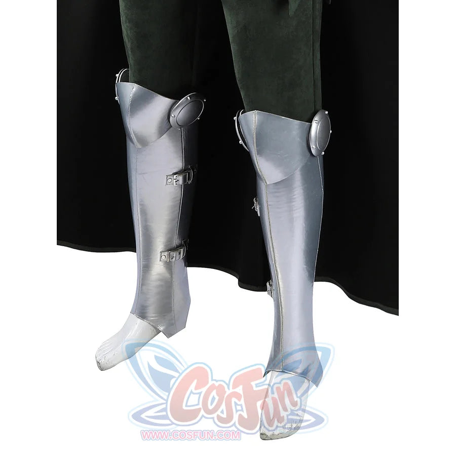 Doom Victor von Doom cosplay costume sets silver shin armor down both legs beneath dark green suit panels.