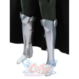 Doom Victor von Doom cosplay costume sets silver shin armor down both legs beneath dark green suit panels.