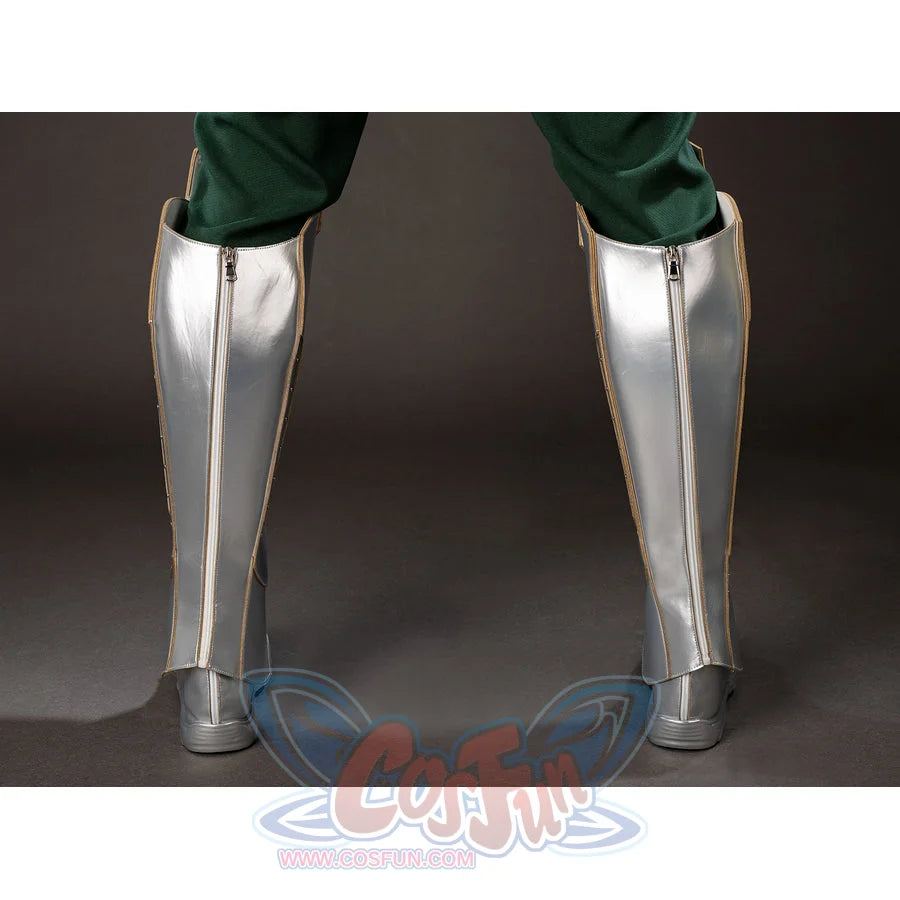 Victor Von Doom cosplay costume rear lower view traces silver-tone leg guards over fitted green pants.