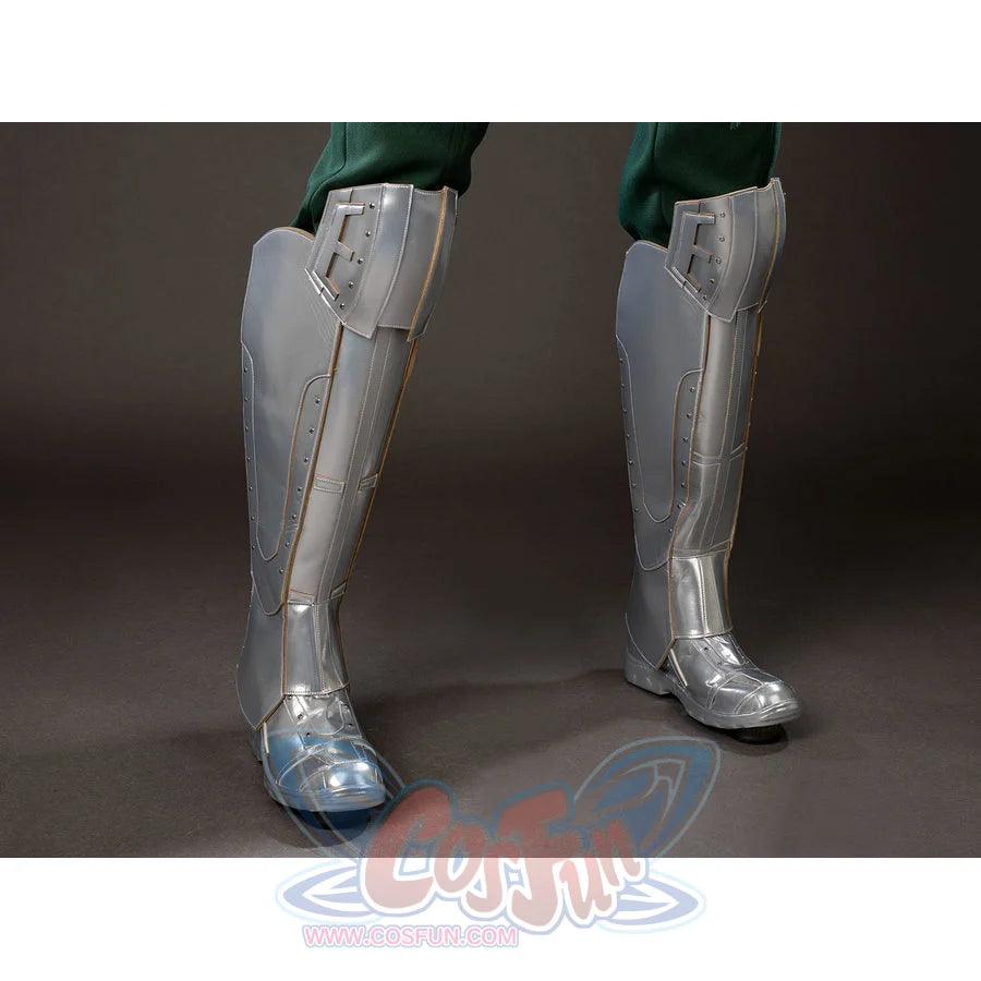 Victor Von Doom cosplay costume frames silver-tone leg guards below green pants in a front lower view.