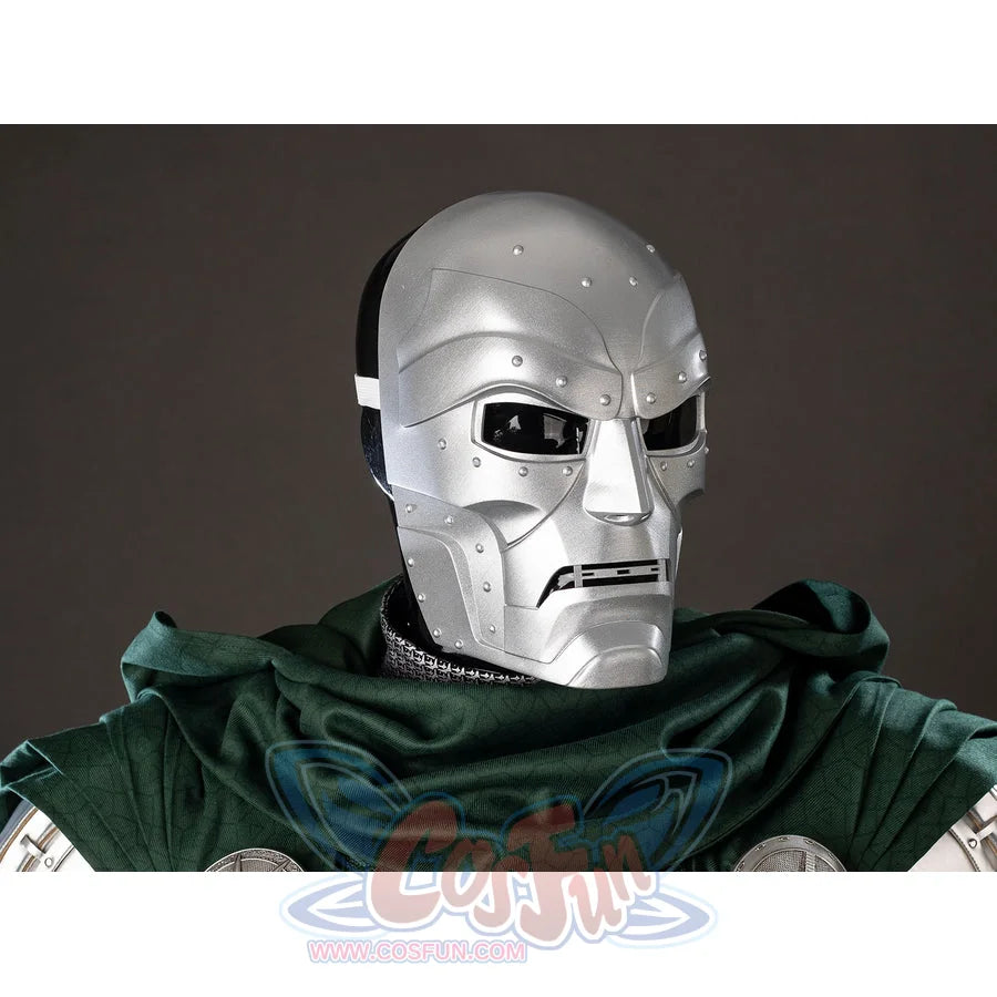 Victor Von Doom cosplay costume sets the metallic mask above a green scarf and round cape clasps.