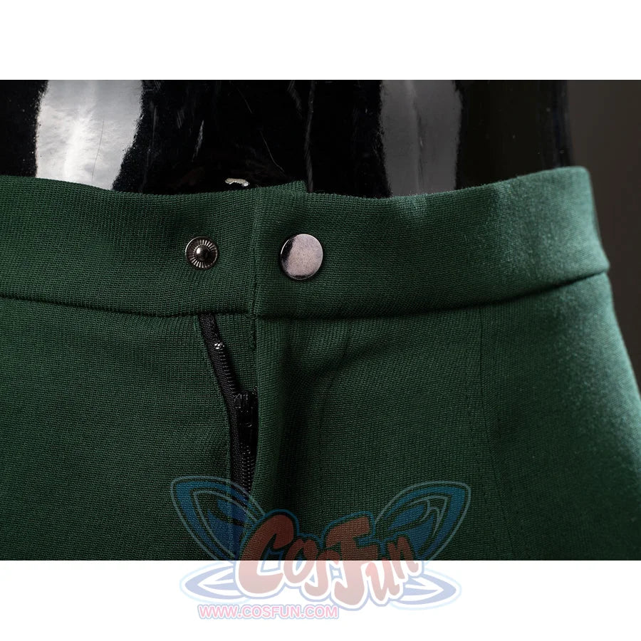 Victor Von Doom cosplay costume pants detail centers the front snap closure and smooth green waistband.