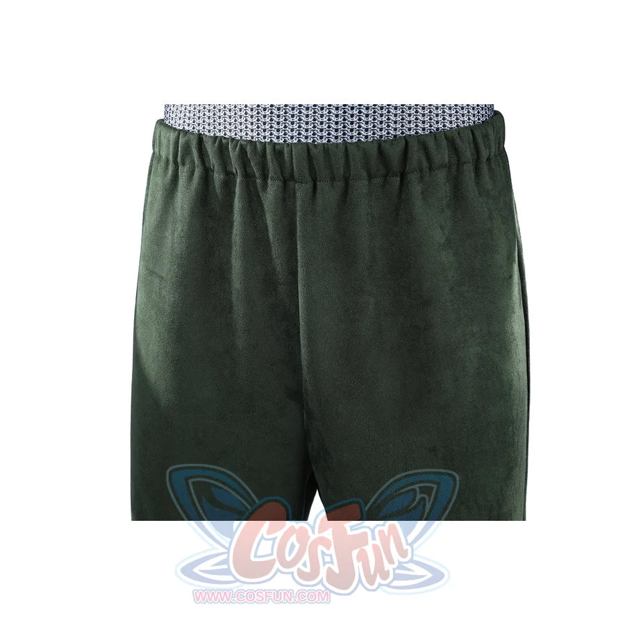 Doom Victor von Doom cosplay costume centers green pants below a gray knit waistband.