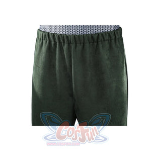 Doom Victor von Doom cosplay costume centers green pants below a gray knit waistband.