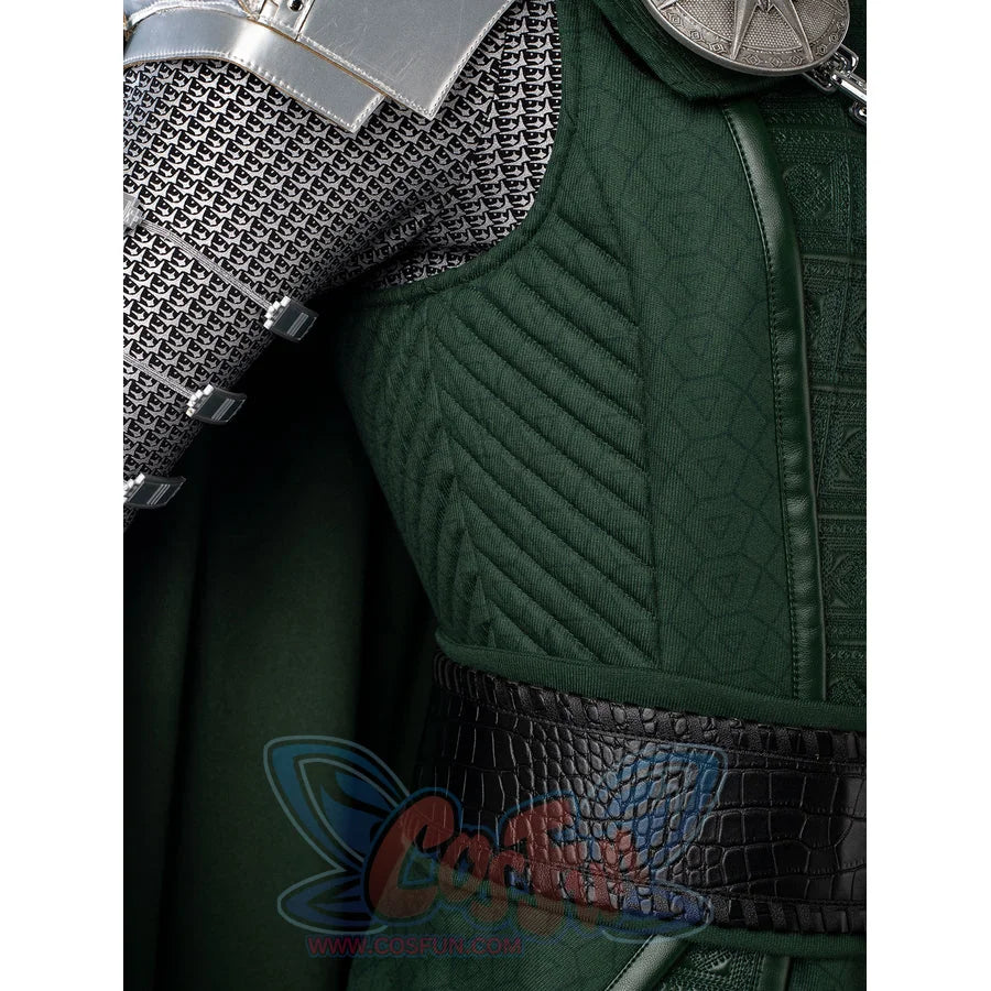 Victor Von Doom cosplay costume balances a quilted green waist panel beside the black faux leather belt.