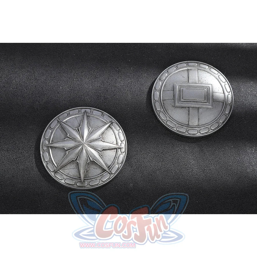 Doom Victor von Doom cosplay costume sets round silver medallions on black fabric.