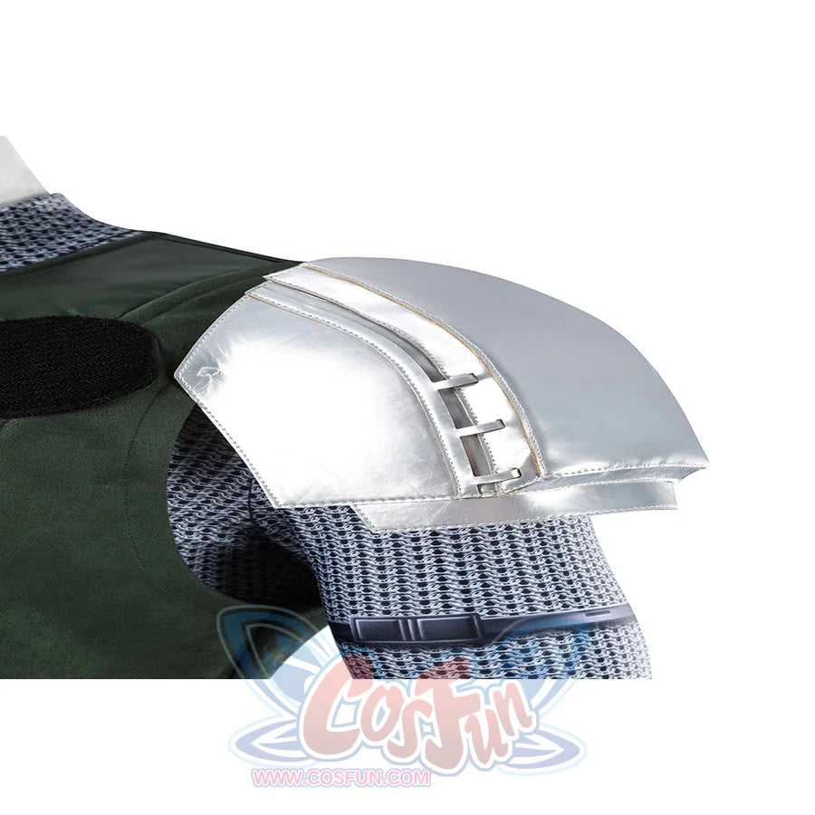 Doom Victor von Doom cosplay costume frames a silver shoulder plate over chainmail sleeves.