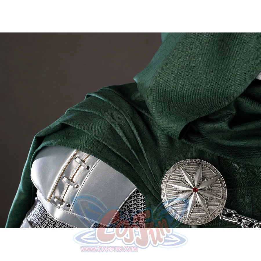 Victor Von Doom cosplay costume details a green hood beside silver-tone shoulder armor and a round cape brooch.