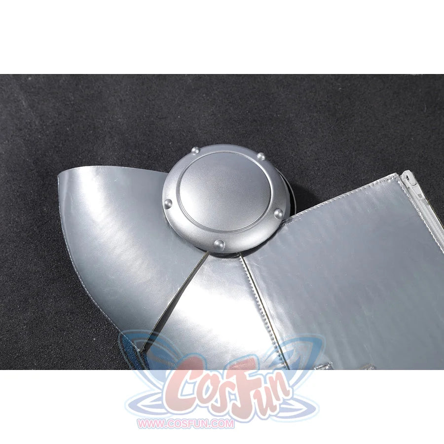 Doom Victor von Doom cosplay costume frames a round silver disc beside shoulder armor.