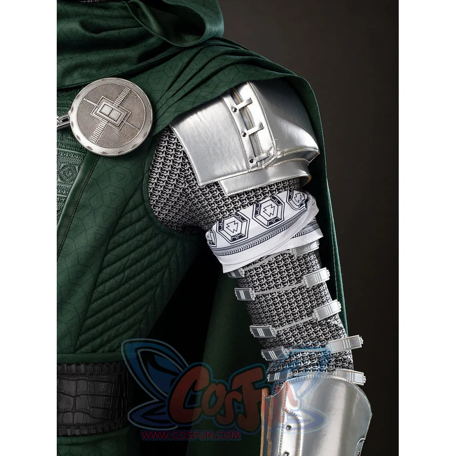 Victor Von Doom cosplay costume layers shoulder armor over chainmail-pattern sleeves and a quilted cape panel.