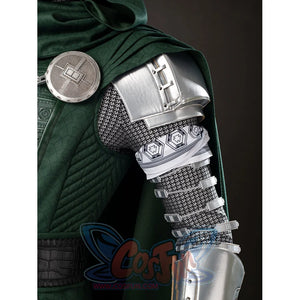 Victor Von Doom cosplay costume layers shoulder armor over chainmail-pattern sleeves and a quilted cape panel.