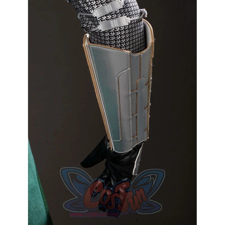 Victor Von Doom cosplay costume side detail pairs chainmail-pattern sleeve straps with a silver-tone arm guard.