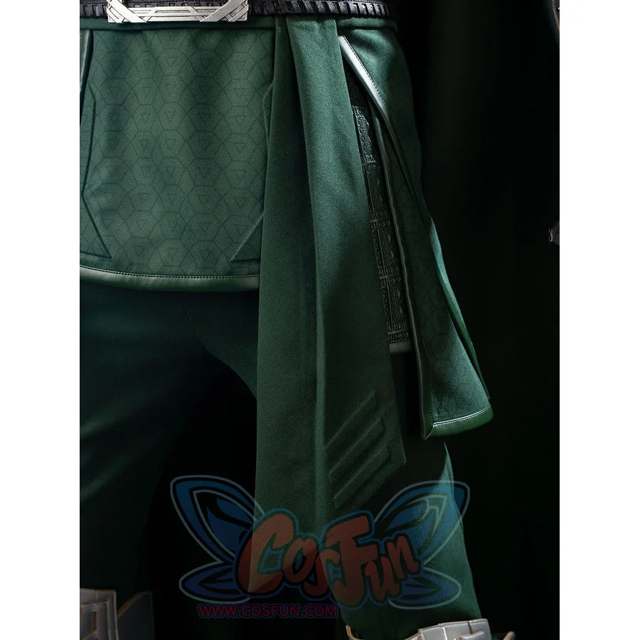 Victor Von Doom cosplay costume drapes a side green panel beneath the belt beside the fitted pants.