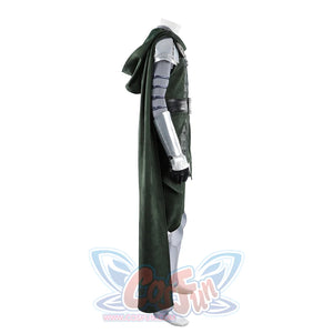Doom Victor von Doom cosplay costume profiles the cape and silver arm armor at the side.