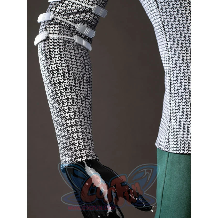 Victor Von Doom cosplay costume sleeve detail layers chainmail-pattern fabric beside a fitted black glove.