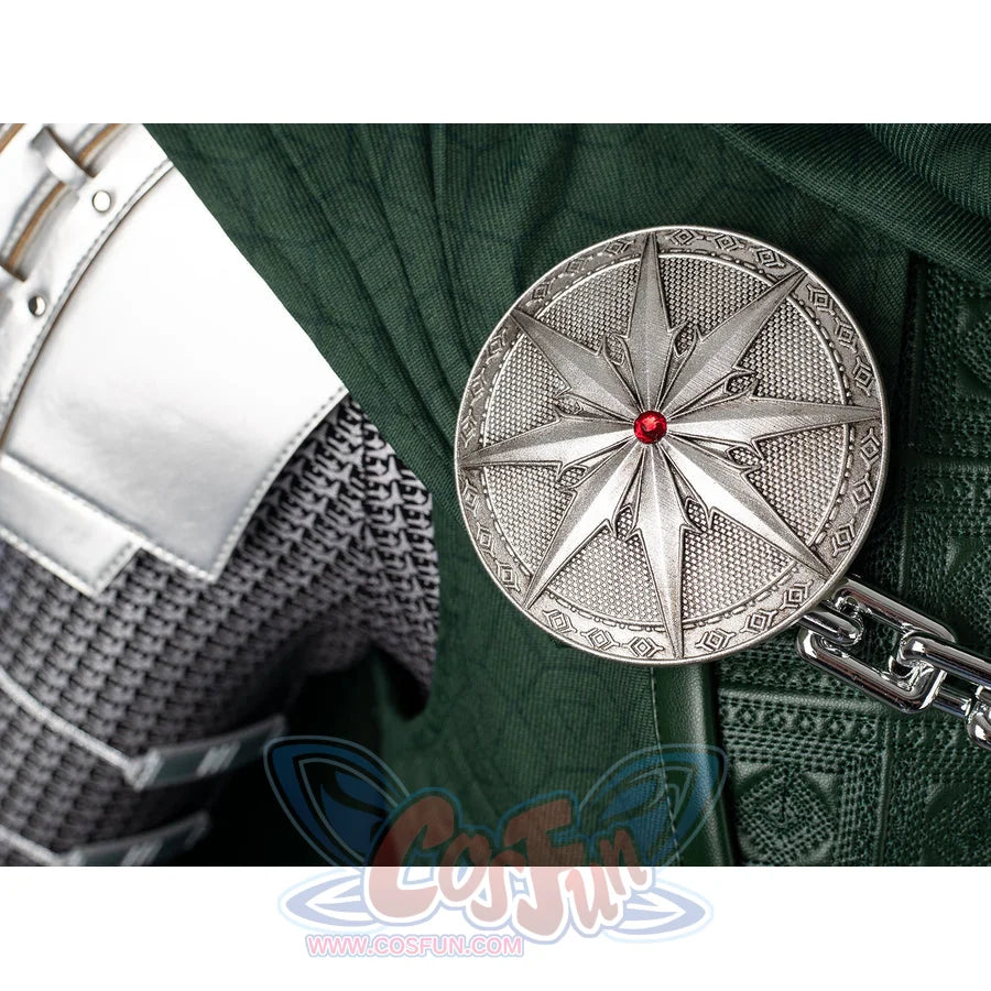 Victor Von Doom cosplay costume gathers a star-shaped cape brooch and chain over textured green armor.