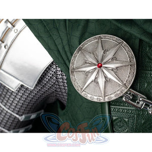 Victor Von Doom cosplay costume gathers a star-shaped cape brooch and chain over textured green armor.