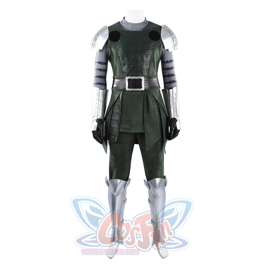 Doom Victor von Doom cosplay costume centers the suit front below silver shoulder plates.